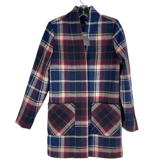 Abercrombie & Fitch Collarless Plaid Wool Blend Coat Blue Red Size XS - Picture 1 of 9
